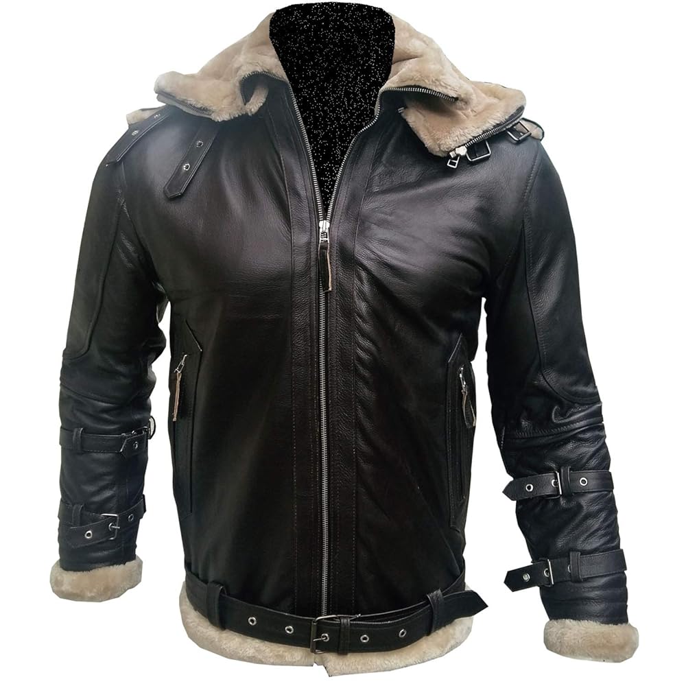 Unisex Moto Sheepskin Fur Double Collar Brown Aviator Bomber